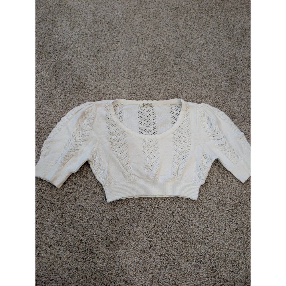 Intimately Free People Ivory Pointelle Knit Puff Sleeve Crop Top Small